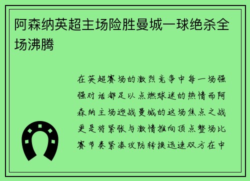 阿森纳英超主场险胜曼城一球绝杀全场沸腾 阿森纳英超主场险胜曼城一球绝杀全场沸腾
